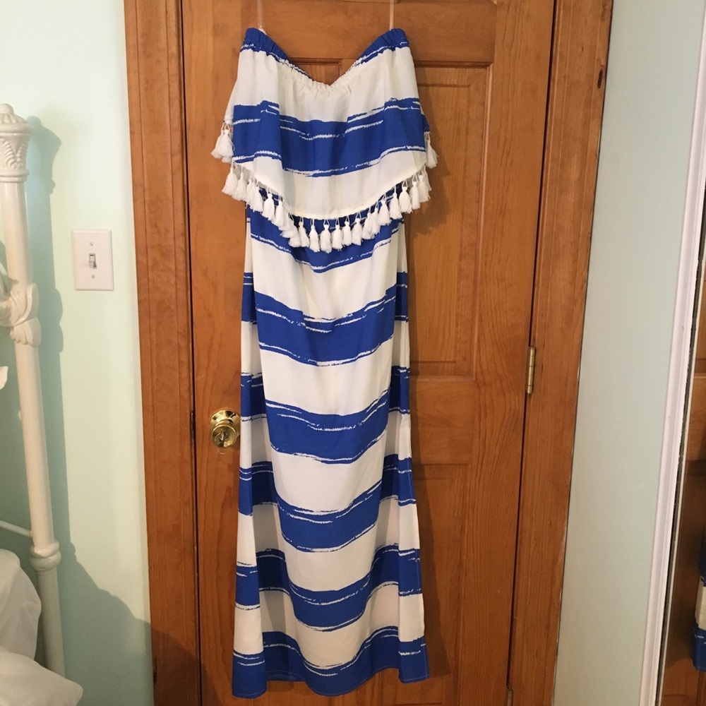 Blue and White Strapless Dress